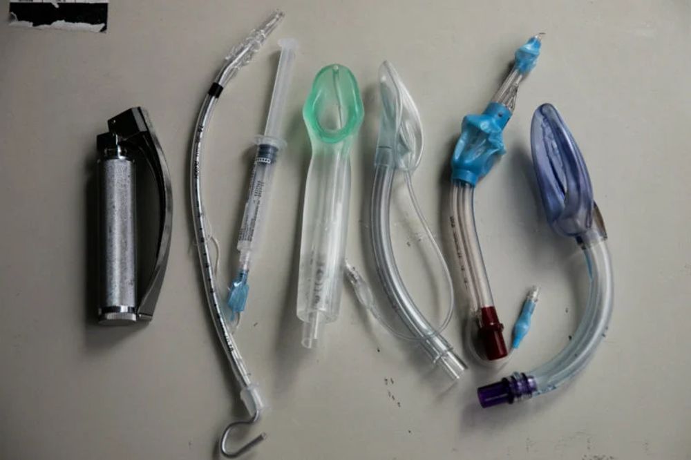 Left to right: A laryngoscope, endotracheal tube and various airway devices, which are all used to try to restore breathing when patients are in cardiac arrest.