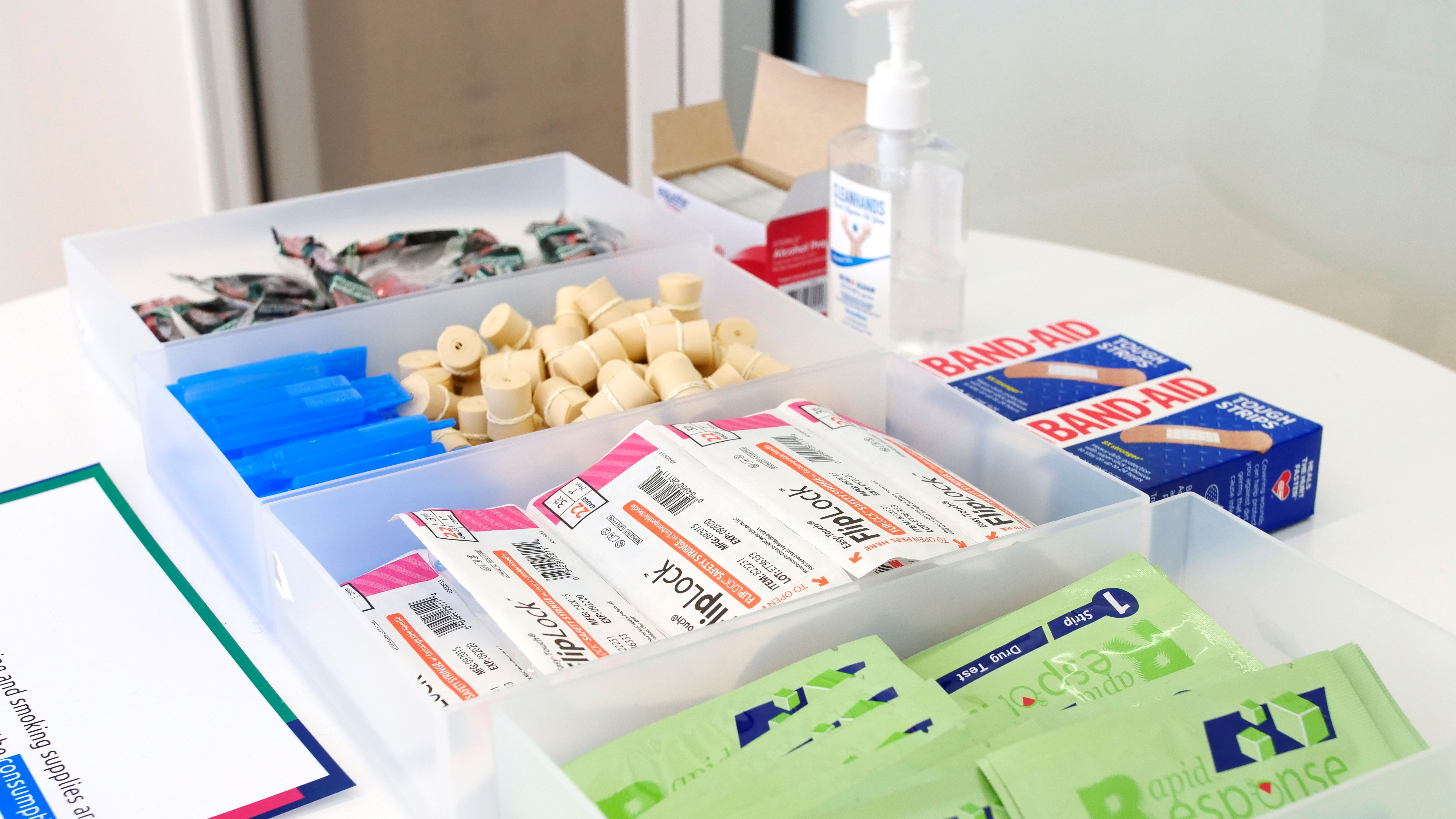 A display showing the sterile injecting and smoking supplies, including alcohol swabs and tourniquets, that will be available at the new harm reduction centers.