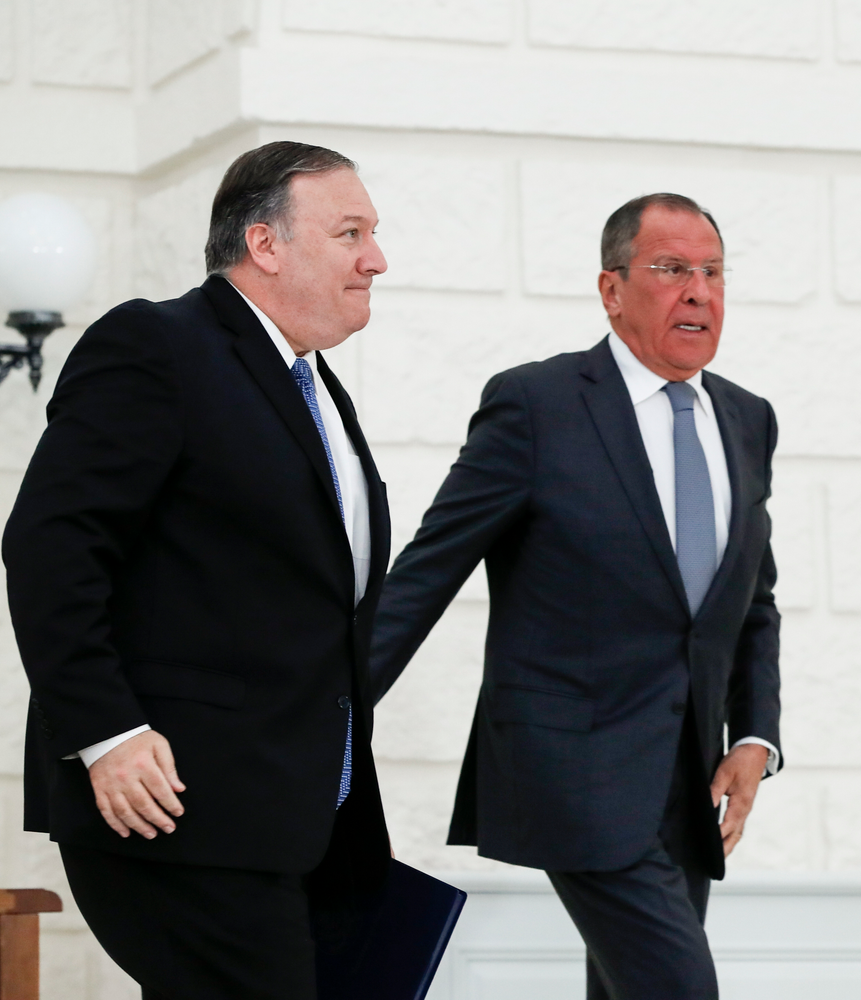 U.S. Secretary of State Mike Pompeo, left, and Russian Foreign Minister Sergey Lavrov leave their joint news conference following the talks in the Black Sea resort city of Sochi, southern Russia, Tuesday, May 14, 2019. Pompeo's first trip to Russia starts Tuesday in Sochi, where he and Russian Foreign Minister Sergey Lavrov are sitting down for talks and then having a joint meeting with President Vladimir Putin. (AP Photo/Pavel Golovkin, Pool) U.S. Secretary of State Mike Pompeo, left, and Russian Foreign Minister Sergey Lavrov leave their joint news conference following the talks in the Black Sea resort city of Sochi, southern Russia, Tuesday, May 14, 2019. Pompeo's first trip to Russia starts Tuesday in Sochi, where he and Russian Foreign Minister Sergey Lavrov are sitting down for talks and then having a joint meeting with President Vladimir Putin. (AP Photo/Pavel Golovkin, Pool)