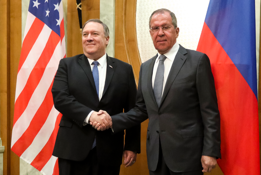 U.S. Secretary of State Mike Pompeo, left, and Russian Foreign Minister Sergey Lavrov pose for a photo prior to their talks in the Black Sea resort city of Sochi, southern Russia, Tuesday, May 14, 2019. Pompeo's first trip to Russia starts Tuesday in Sochi, where he and Russian Foreign Minister Sergey Lavrov are sitting down for talks and then having a joint meeting with President Vladimir Putin. (Russian Foreign Ministry Press Service via AP) U.S. Secretary of State Mike Pompeo, left, and Russian Foreign Minister Sergey Lavrov pose for a photo prior to their talks in the Black Sea resort city of Sochi, southern Russia, Tuesday, May 14, 2019. Pompeo's first trip to Russia starts Tuesday in Sochi, where he and Russian Foreign Minister Sergey Lavrov are sitting down for talks and then having a joint meeting with President Vladimir Putin. (Russian Foreign Ministry Press Service via AP)