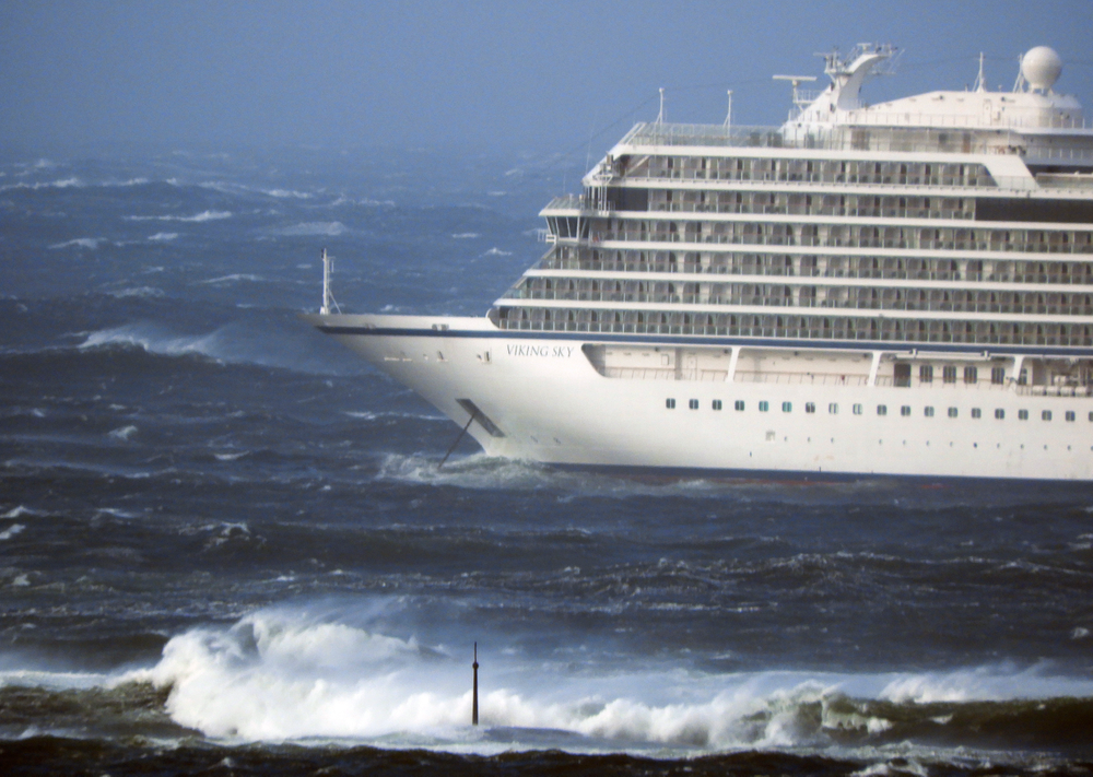 The cruise ship Viking Sky lays at anchor in heavy seas, after it sent out a Mayday signal because of engine failure in windy conditions, near Hustadvika, off the west coast of Norway, Saturday March 23, 2019. The Viking Sky is forced to evacuate its 1,300 passengers. (Frank Einar Vatne / NTB scanpix via AP) The cruise ship Viking Sky lays at anchor in heavy seas, after it sent out a Mayday signal because of engine failure in windy conditions, near Hustadvika, off the west coast of Norway, Saturday March 23, 2019. The Viking Sky is forced to evacuate its 1,300 passengers. (Frank Einar Vatne / NTB scanpix via AP)