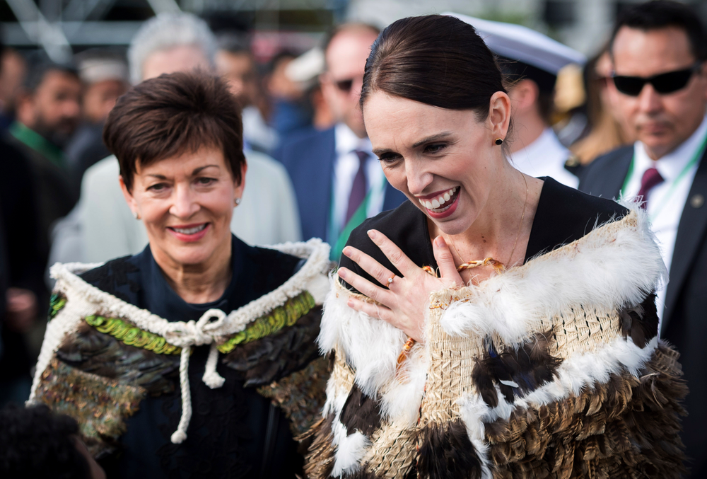 In this image supplied by the New Zealand government, New Zealand Prime Minister Jacinda Ardern, right, reacts as she meets members of the Muslim community following the national remembrance service for the victims of the March 15 mosques terrorist attack at Hagley Park in Christchurch, New Zealand, Friday, March 29, 2019. (Mark Tantrum via AP) In this image supplied by the New Zealand government, New Zealand Prime Minister Jacinda Ardern, right, reacts as she meets members of the Muslim community following the national remembrance service for the victims of the March 15 mosques terrorist attack at Hagley Park in Christchurch, New Zealand, Friday, March 29, 2019. (Mark Tantrum via AP)