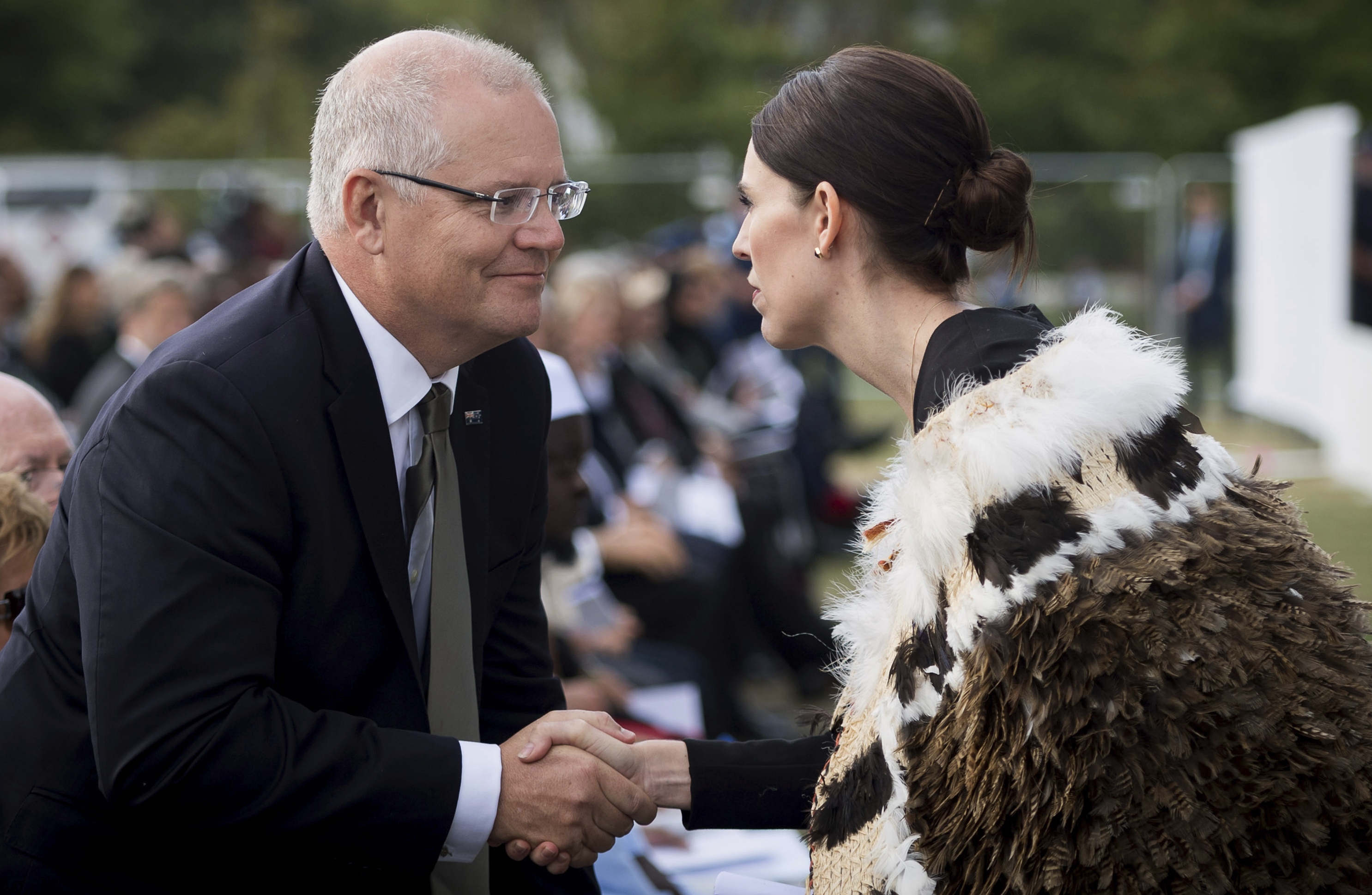 In this photo supplied by the New Zealand government, New Zealand Prime Minister Jacinda Ardern, right, meets Australian Prime Minister Scott Morrison during the national remembrance service for the victims of the March 15 mosques terrorist attack in Hagley Park, Christchurch, New Zealand, Friday, March 29, 2019. (Mark Tantrum/New Zealand Government via AP) In this photo supplied by the New Zealand government, New Zealand Prime Minister Jacinda Ardern, right, meets Australian Prime Minister Scott Morrison during the national remembrance service for the victims of the March 15 mosques terrorist attack in Hagley Park, Christchurch, New Zealand, Friday, March 29, 2019. (Mark Tantrum/New Zealand Government via AP)