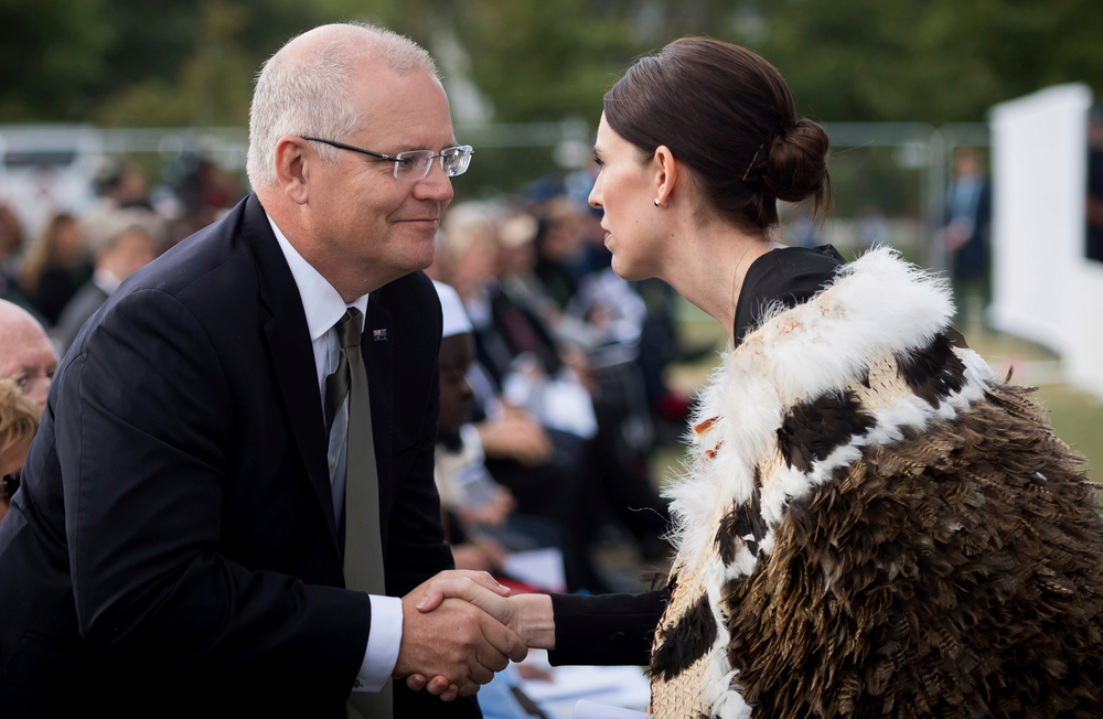 In this photo supplied by the New Zealand government, New Zealand Prime Minister Jacinda Ardern, right, meets Australian Prime Minister Scott Morrison during the national remembrance service for the victims of the March 15 mosques terrorist attack in Hagley Park, Christchurch, New Zealand, Friday, March 29, 2019. (Mark Tantrum/New Zealand Government via AP) In this photo supplied by the New Zealand government, New Zealand Prime Minister Jacinda Ardern, right, meets Australian Prime Minister Scott Morrison during the national remembrance service for the victims of the March 15 mosques terrorist attack in Hagley Park, Christchurch, New Zealand, Friday, March 29, 2019. (Mark Tantrum/New Zealand Government via AP)