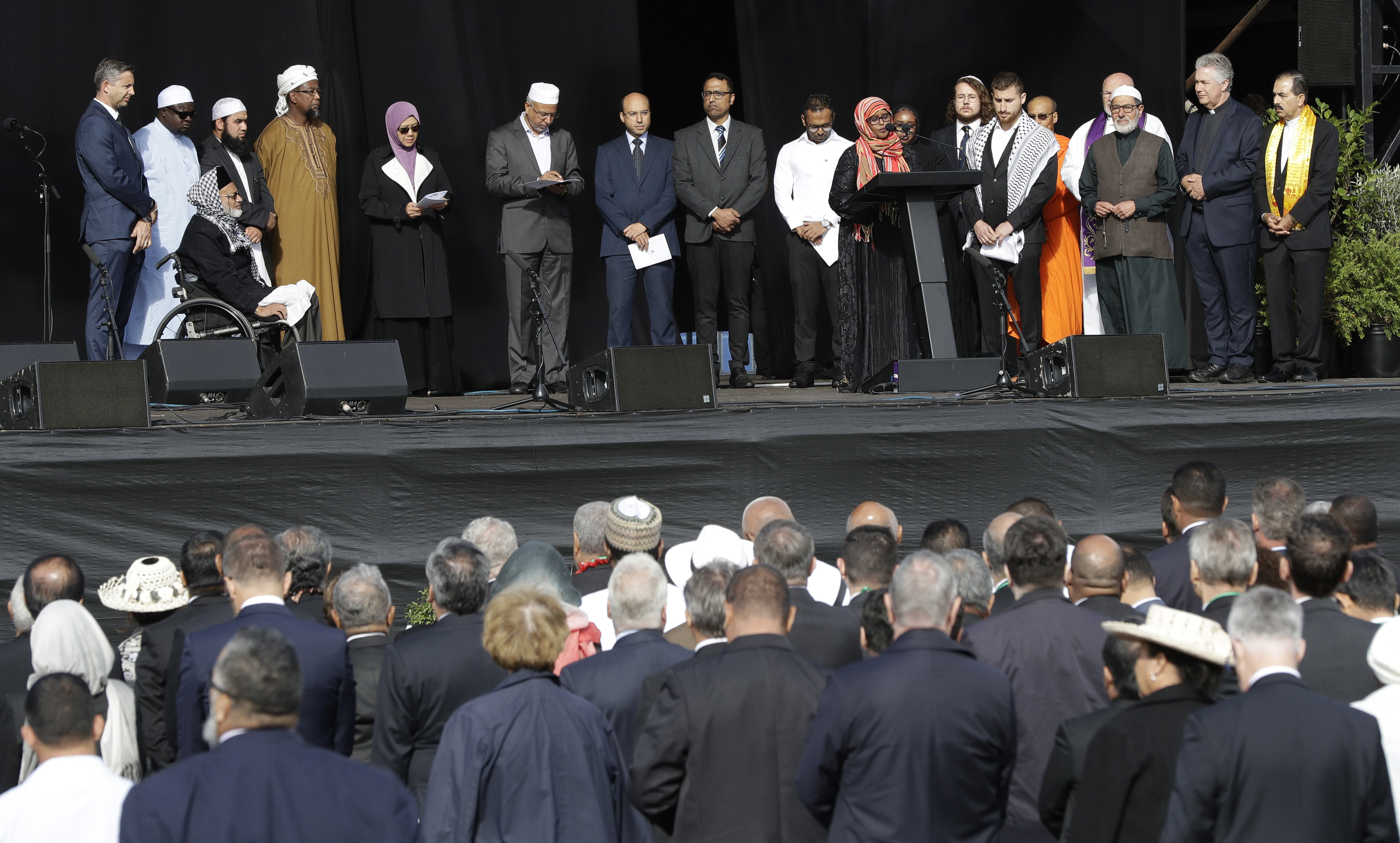Members of the Christchurch Muslim community read the names of the dead during a national remembrance service for the victims of the March 15 mosques terrorist attack in Christchurch, New Zealand, Friday, March 29, 2019. (AP Photo/Mark Baker) Members of the Christchurch Muslim community read the names of the dead during a national remembrance service for the victims of the March 15 mosques terrorist attack in Christchurch, New Zealand, Friday, March 29, 2019. (AP Photo/Mark Baker)