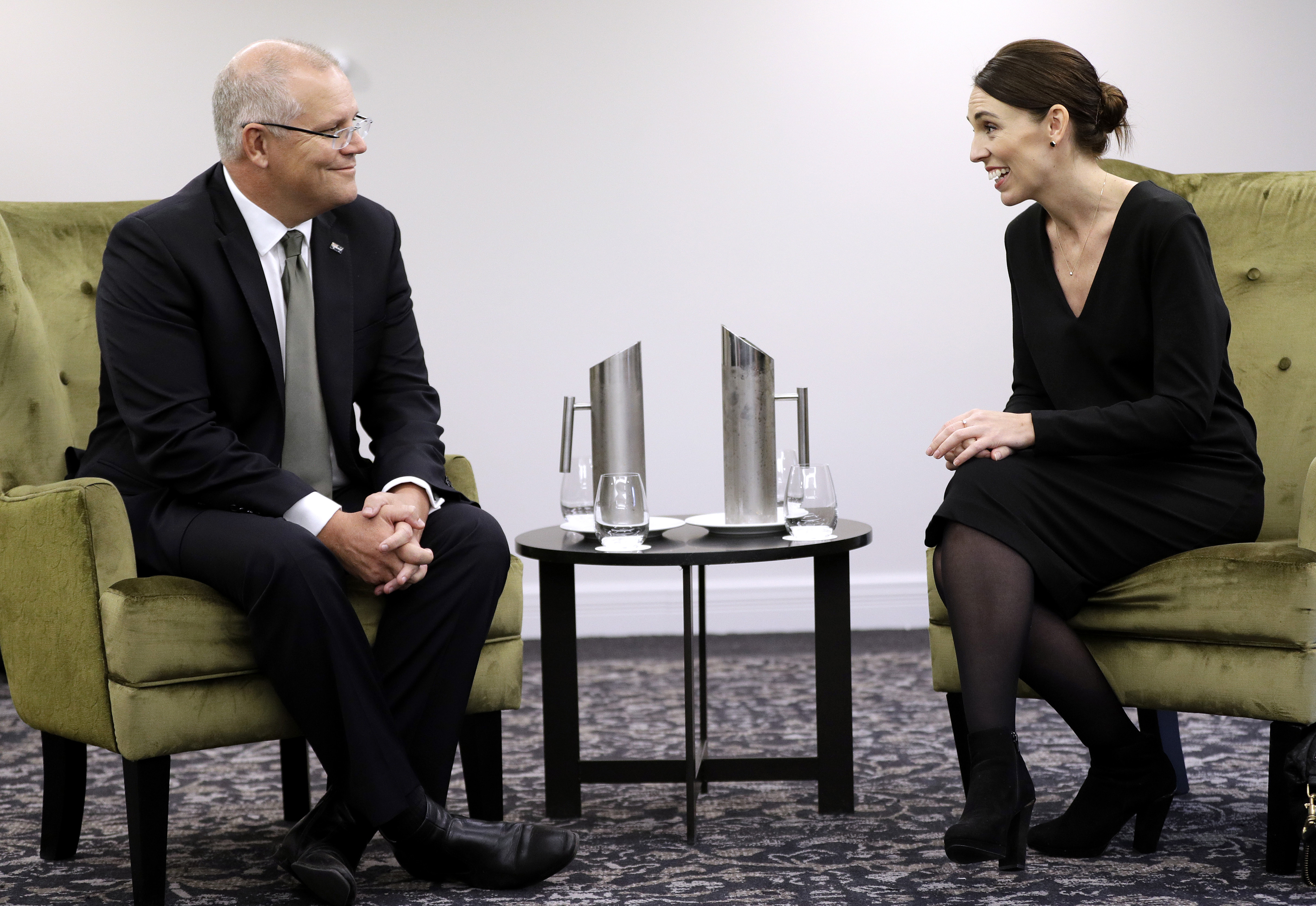 New Zealand Prime Minister Jacinda Ardern, right, talks with Australian Prime Minister Scott Morrison at a bilateral meeting following a national remembrance service for the victims of the March 15 mosques terrorist attack in Christchurch, New Zealand, Friday, March 29, 2019. (AP Photo/Mark Baker, Pool) New Zealand Prime Minister Jacinda Ardern, right, talks with Australian Prime Minister Scott Morrison at a bilateral meeting following a national remembrance service for the victims of the March 15 mosques terrorist attack in Christchurch, New Zealand, Friday, March 29, 2019. (AP Photo/Mark Baker, Pool)