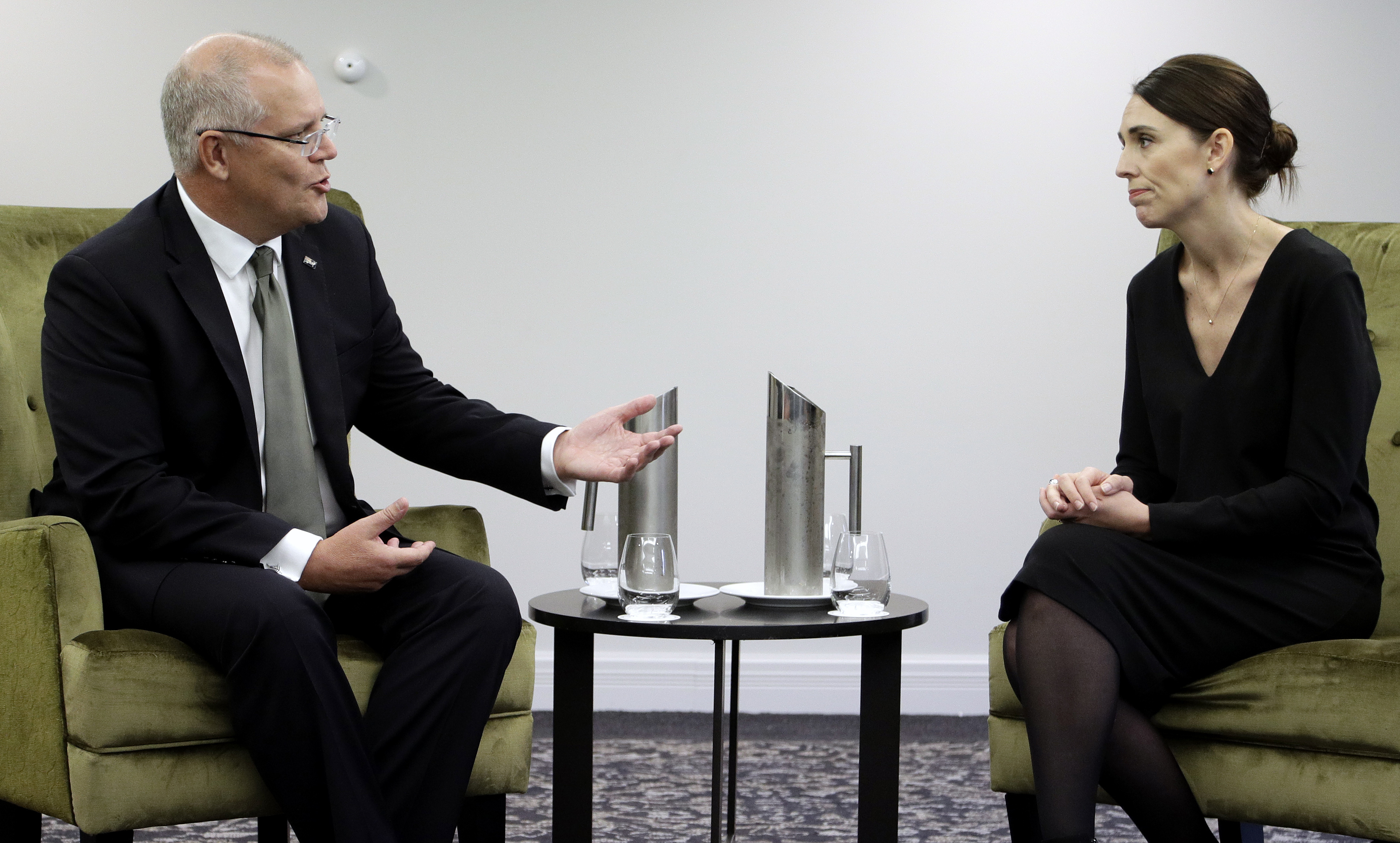 New Zealand Prime Minister Jacinda Ardern, right, listens to Australian Prime Minister Scott Morrison at a bilateral meeting following a national remembrance service for the victims of the March 15 mosques terrorist attack in Christchurch, New Zealand, Friday, March 29, 2019. (AP Photo/Mark Baker, Pool) New Zealand Prime Minister Jacinda Ardern, right, listens to Australian Prime Minister Scott Morrison at a bilateral meeting following a national remembrance service for the victims of the March 15 mosques terrorist attack in Christchurch, New Zealand, Friday, March 29, 2019. (AP Photo/Mark Baker, Pool)