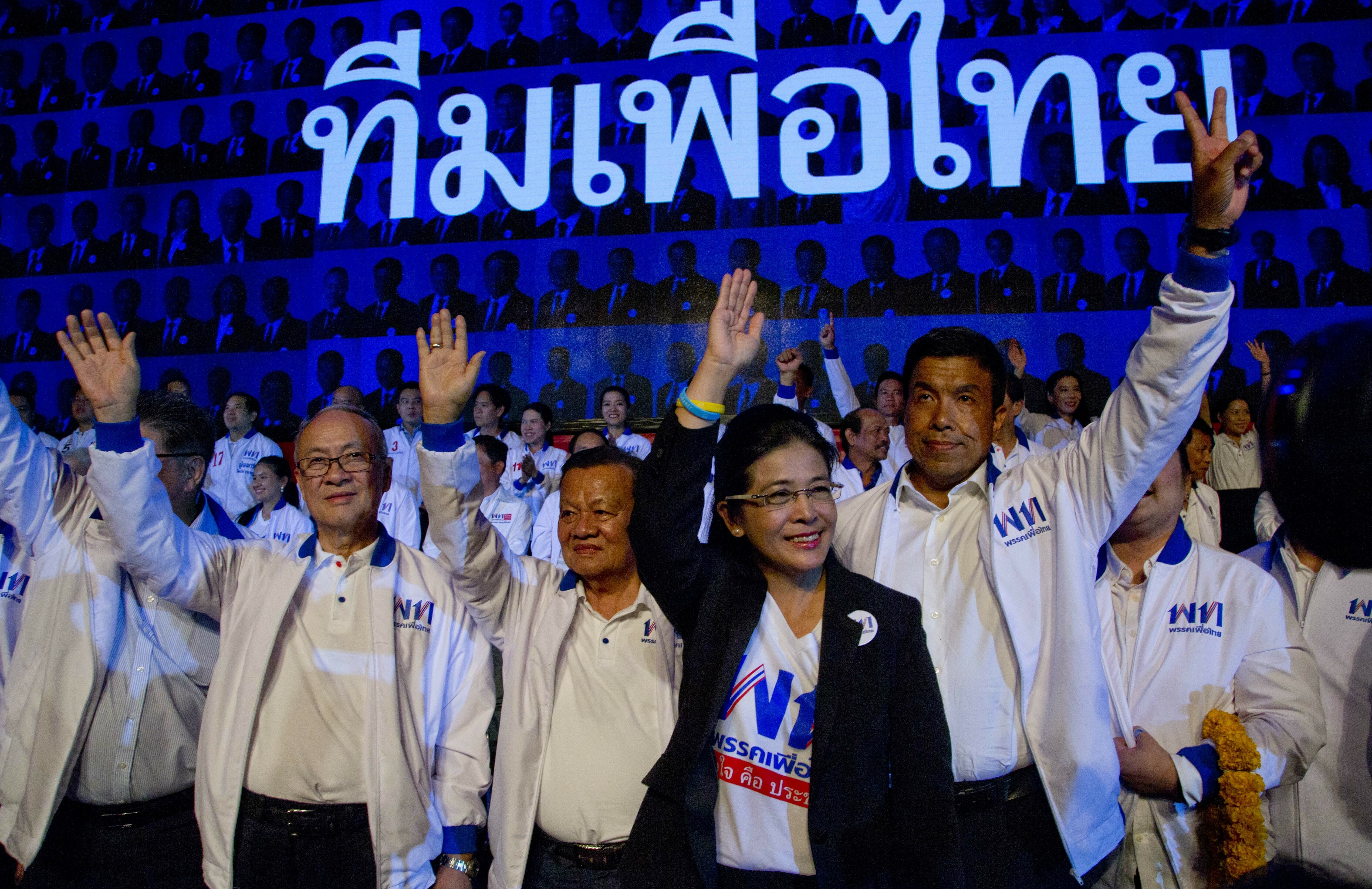 The leader of Pheu Thai Party and candidate for prime minister Sudarat Keyuraphan, second right, and contestants wave during an election rally of general elections in Bangkok, Thailand, Friday, March 22, 2019. The nation's first general election since the military seized power in a 2014 coup is scheduled to be held on March 24. (AP Photo/Gemunu Amarasinghe) The leader of Pheu Thai Party and candidate for prime minister Sudarat Keyuraphan, second right, and contestants wave during an election rally of general elections in Bangkok, Thailand, Friday, March 22, 2019. The nation's first general election since the military seized power in a 2014 coup is scheduled to be held on March 24. (AP Photo/Gemunu Amarasinghe)