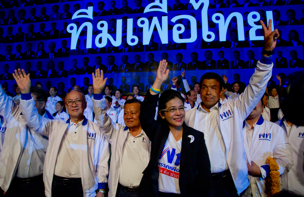 The leader of Pheu Thai Party and candidate for prime minister Sudarat Keyuraphan, second right, and contestants wave during an election rally of general elections in Bangkok, Thailand, Friday, March 22, 2019. The nation's first general election since the military seized power in a 2014 coup is scheduled to be held on March 24. (AP Photo/Gemunu Amarasinghe) The leader of Pheu Thai Party and candidate for prime minister Sudarat Keyuraphan, second right, and contestants wave during an election rally of general elections in Bangkok, Thailand, Friday, March 22, 2019. The nation's first general election since the military seized power in a 2014 coup is scheduled to be held on March 24. (AP Photo/Gemunu Amarasinghe)