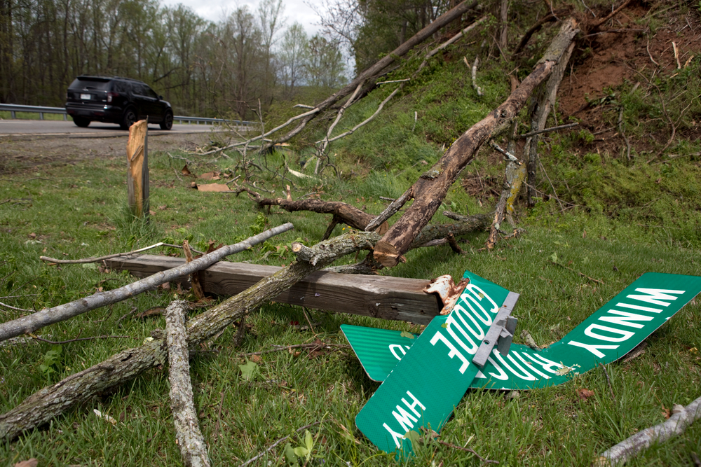 Fallen trees and street signs litter the grass off Highway 220 North after a tornado touched down in Franklin County, Va., Friday, April 19, 2019. (Heather Rousseau/The Roanoke Times via AP) Fallen trees and street signs litter the grass off Highway 220 North after a tornado touched down in Franklin County, Va., Friday, April 19, 2019. (Heather Rousseau/The Roanoke Times via AP)