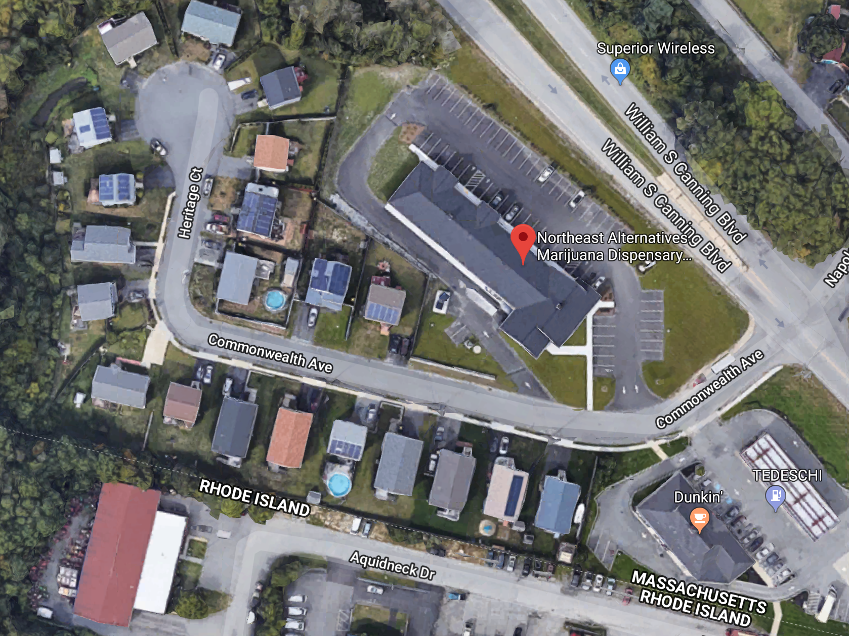 Northeast Alternatives began operating as a recreational pot facility in January 2019. The facility shares a street with over 20 residential homes. (Image via Google Maps)
