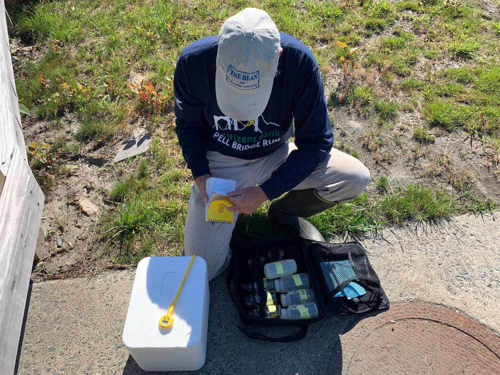 Nearly every week, Jim Chace samples the water at the outlet site where Almy Pond flows out toward Bailey's Beach, a private beach club in Newport.
