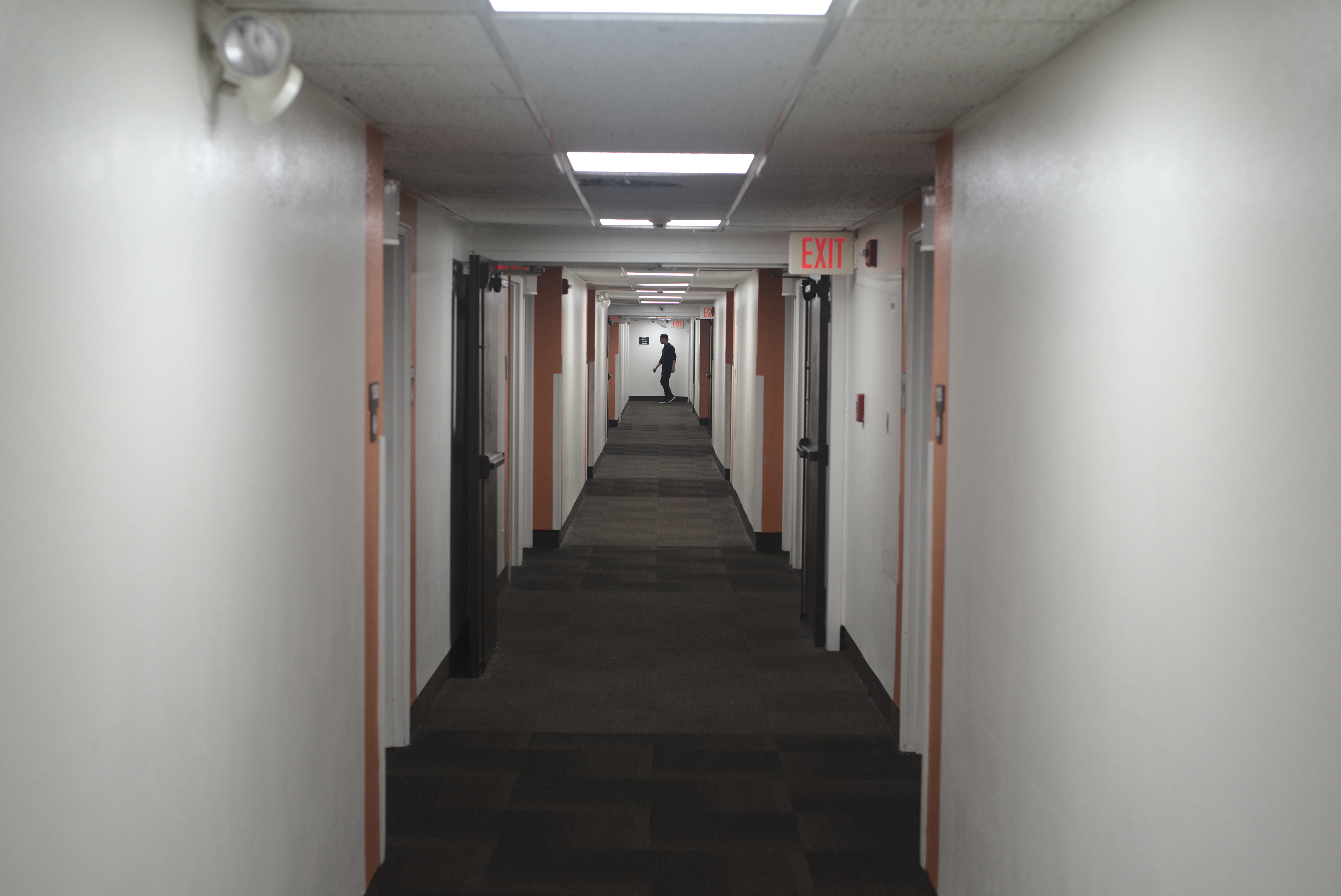 A hallway at the Newport Motel 6, which was converted this winter into a temporary shelter.